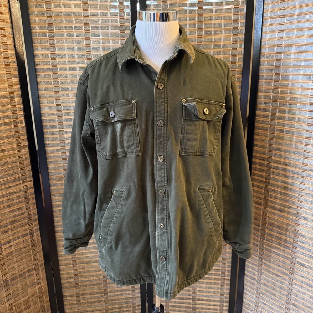 Duluth Trading Co Canvas Shirt Jacket Men XL Green Fleece Lined Workwear Utility